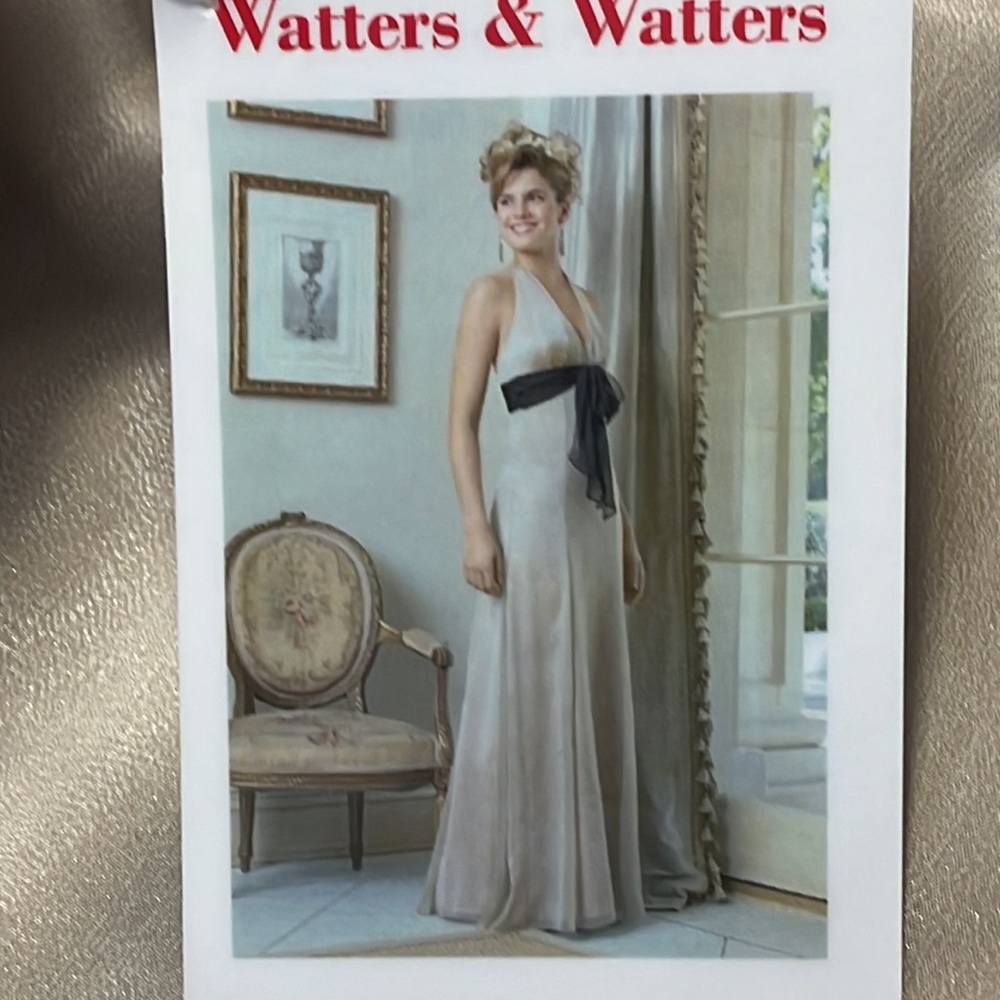 NWT Watters & Watters Halter Dress with black sash and bow at empire. Size 10